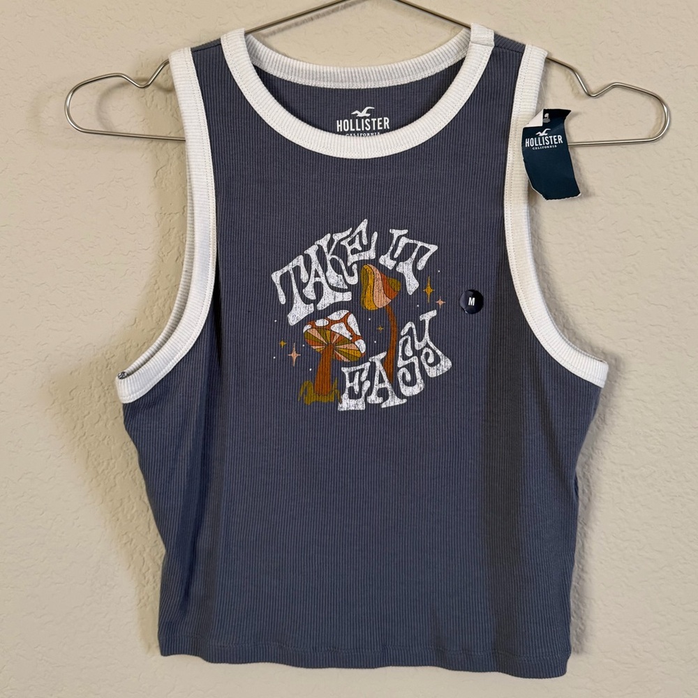 Hollister Take It Easy Mushroom Print Navy Ribbed Cropped Ringer Tank Top